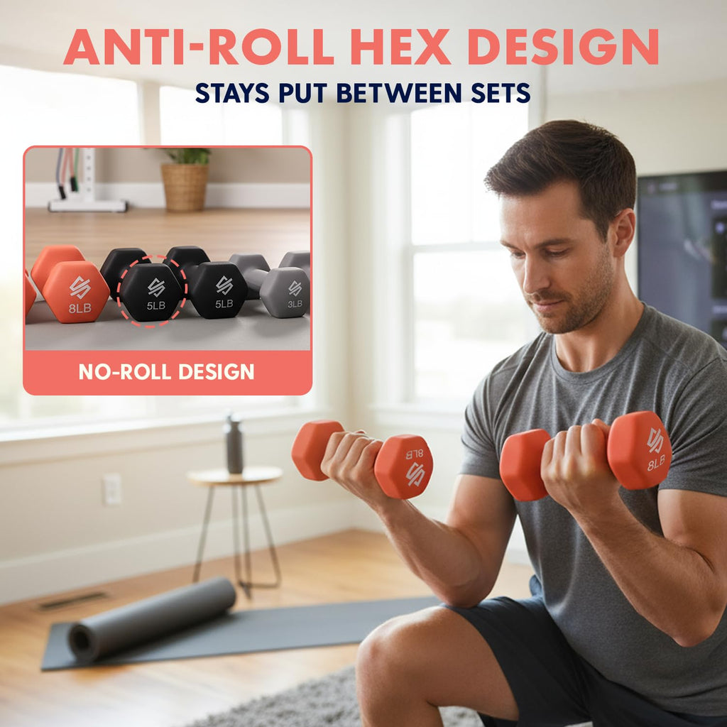 32lbs Neoprene Coated Hex Dumbbell Weights Set with Stand I538