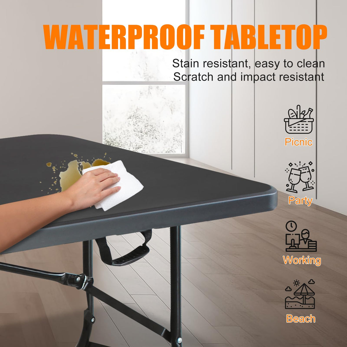 6 FT Black Folding Table with Carry Handle C9005