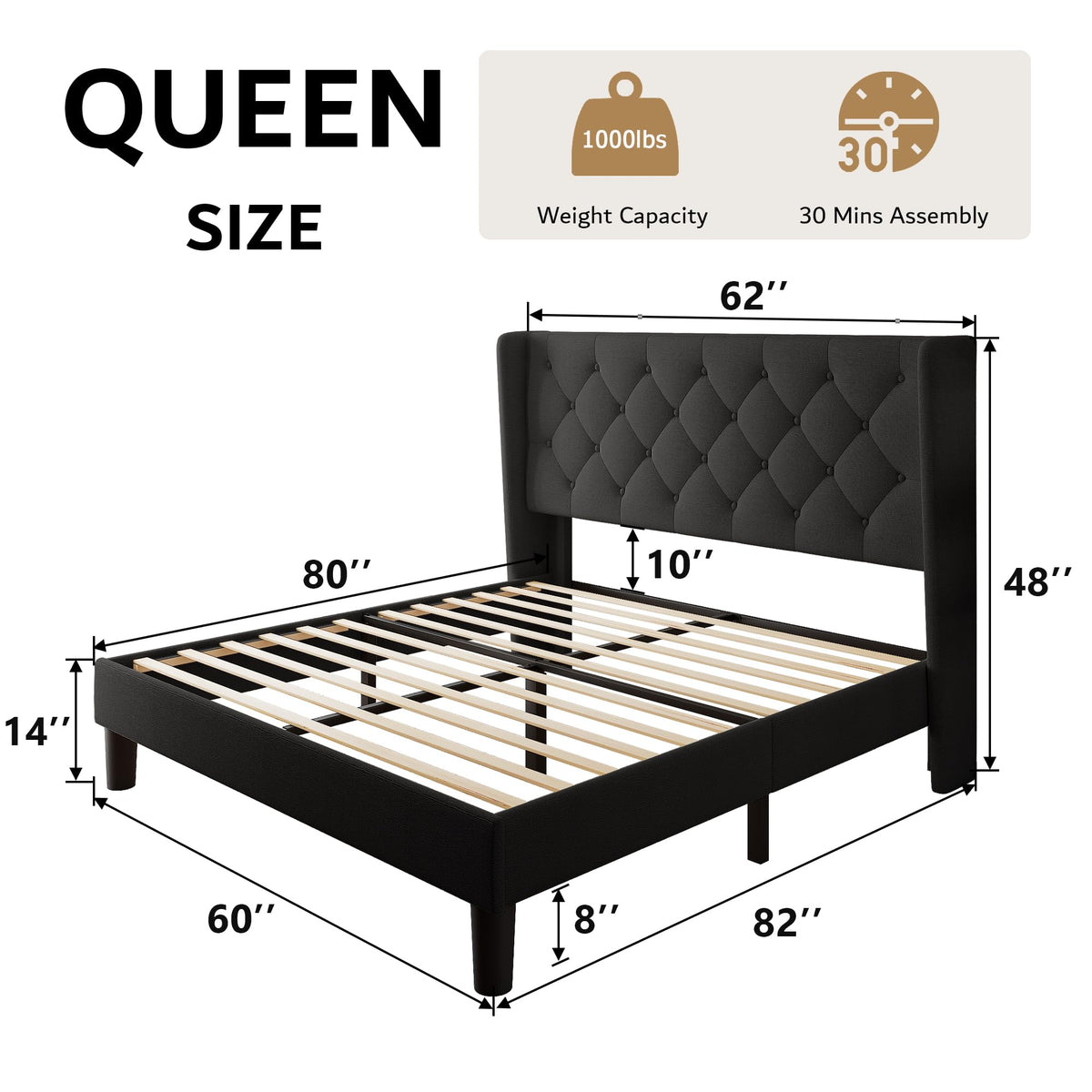 Queen Size Upholstered Platform Bed Frame with Tufted Headboard G5785