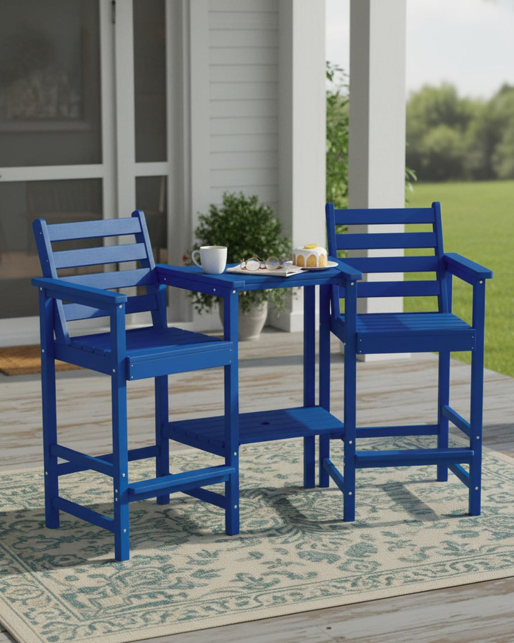 Tall Adirondack Chairs Set of 2, Bar Height HDPE Outdoor Chairs with Connecting Tray & Umbrella Hole, Navy Blue C718873