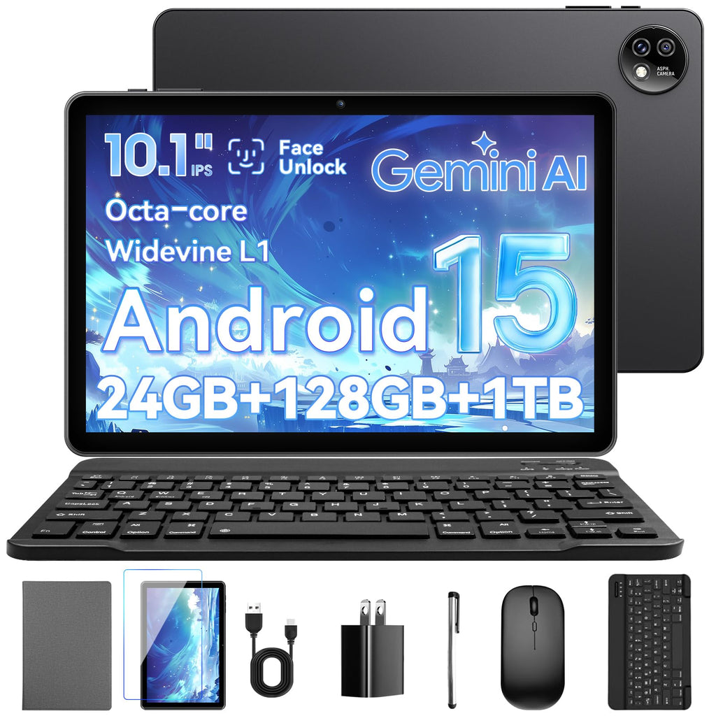 10.1 Inch Android 15 Tablet, 24GB RAM 128GB ROM, 1280 x 800 HD Display, 6000mAh Battery, 5MP+8MP Camera (Black) K755667