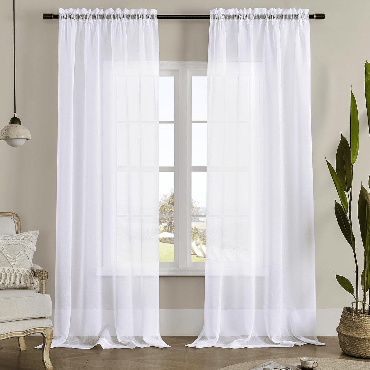 White 95 Inches Long Rod Pocket Sheer Curtains Set of 2 S375