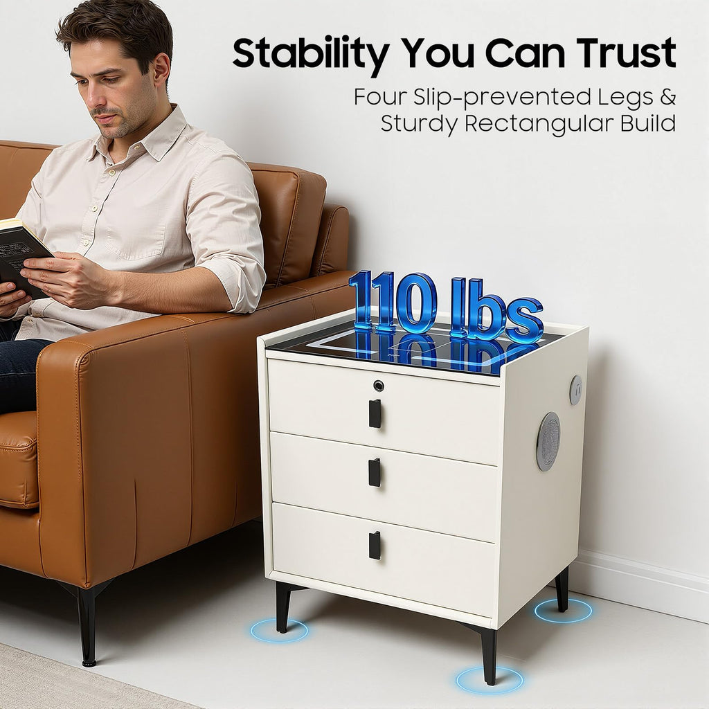 Beige White 3 Drawer Nightstand with Wireless Charging Y953727