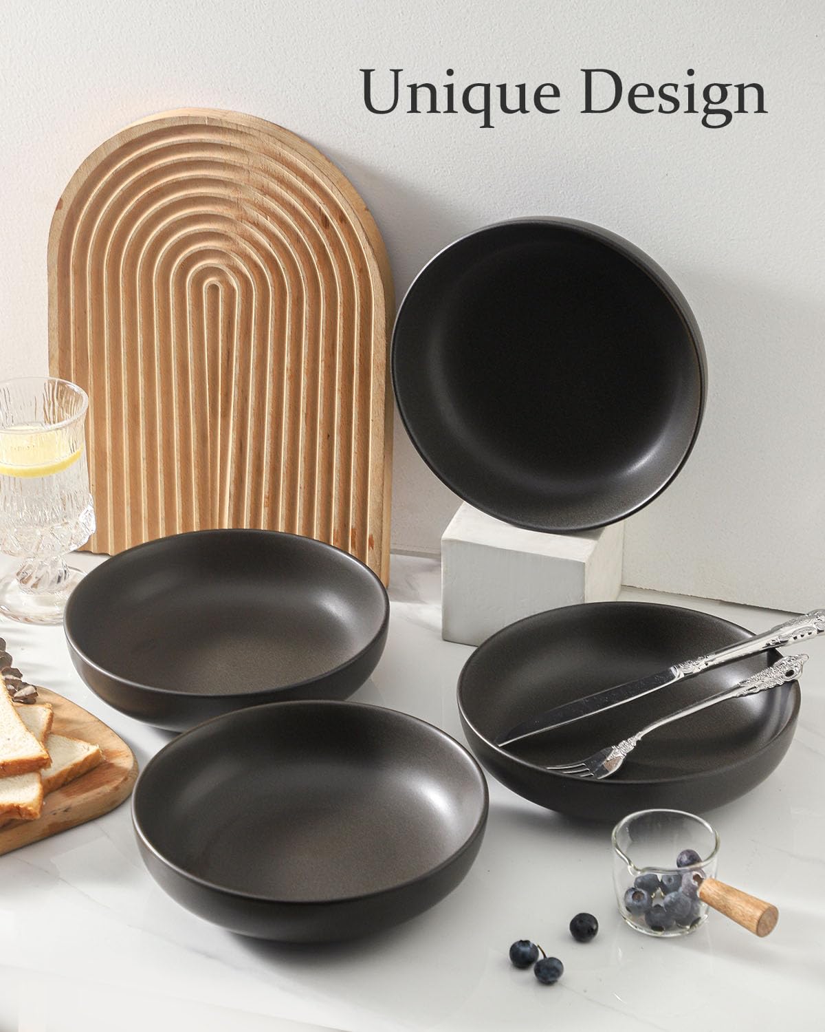 34 oz Stoneware Pasta Bowls Set of 4, Matte Black Y534
