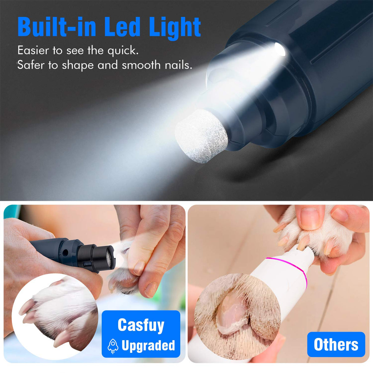 Dog Nail Grinder with LED Light 2-Speed Electric Pet Nail Trimmer Dark Blue X436
