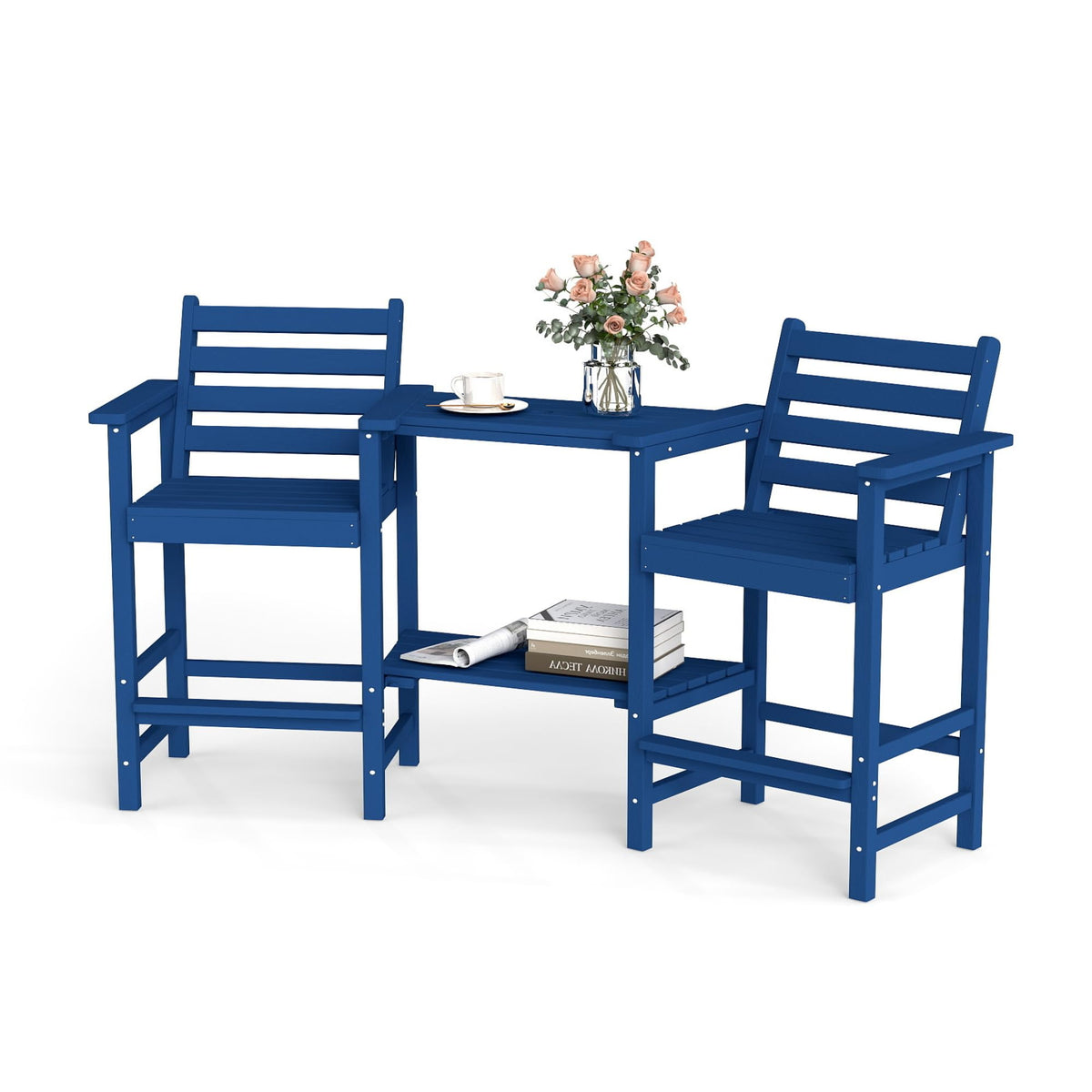 Tall Adirondack Chairs Set of 2, Bar Height HDPE Outdoor Chairs with Connecting Tray & Umbrella Hole, Navy Blue C718873