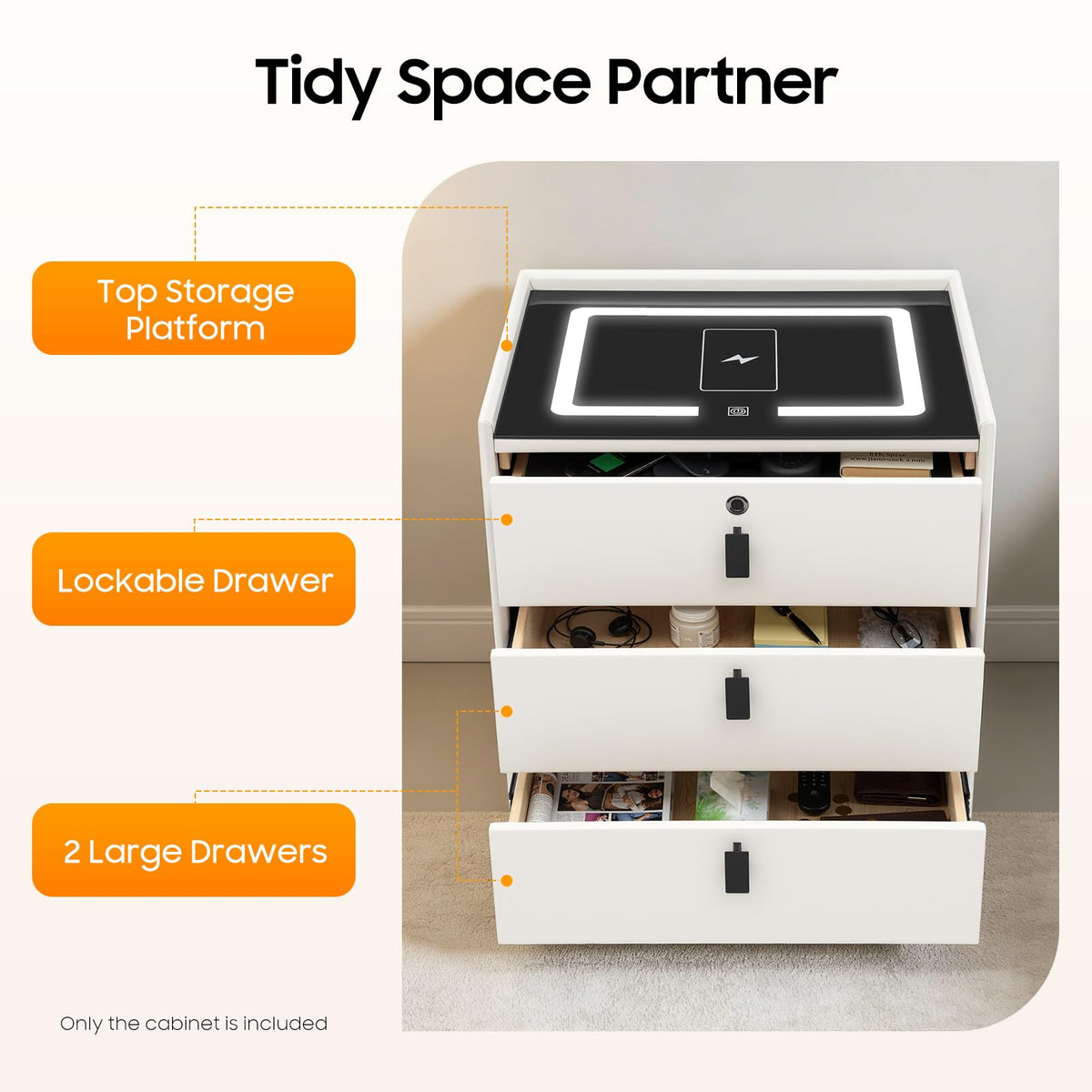 Beige White 3 Drawer Nightstand with Wireless Charging Y953727