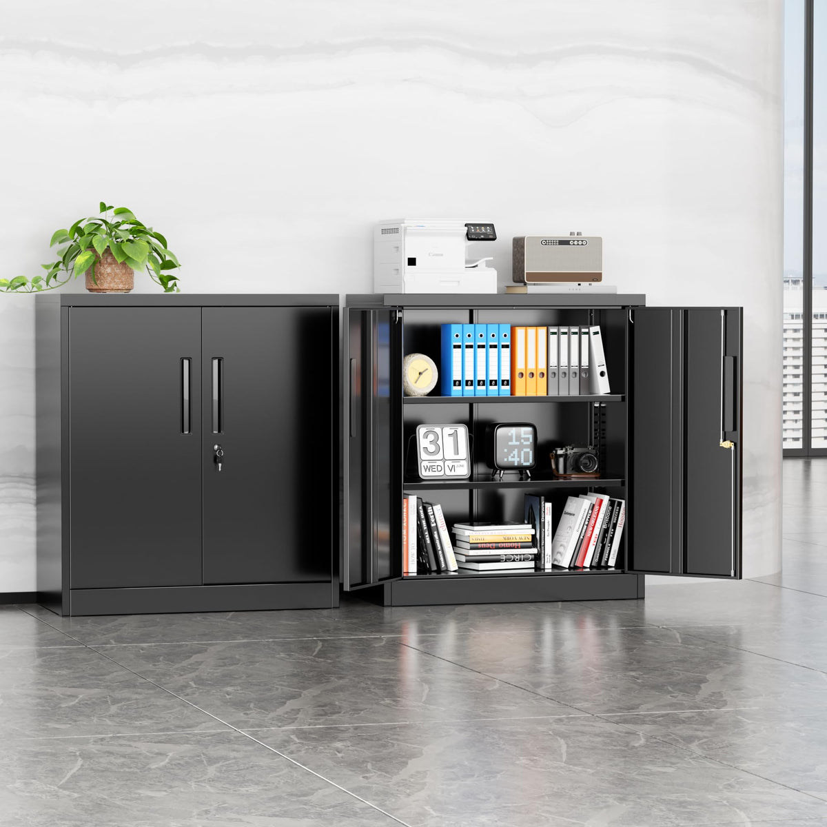 Black Metal Storage Cabinet with Locking Doors and Shelves C295361