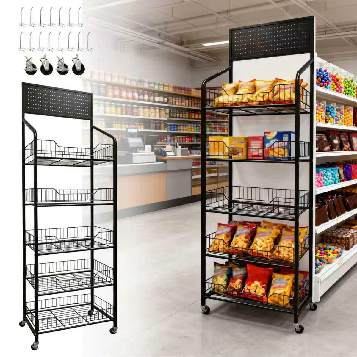 5 Tier Metal Candy Display Rack with Wheels & 15 Hooks T90777
