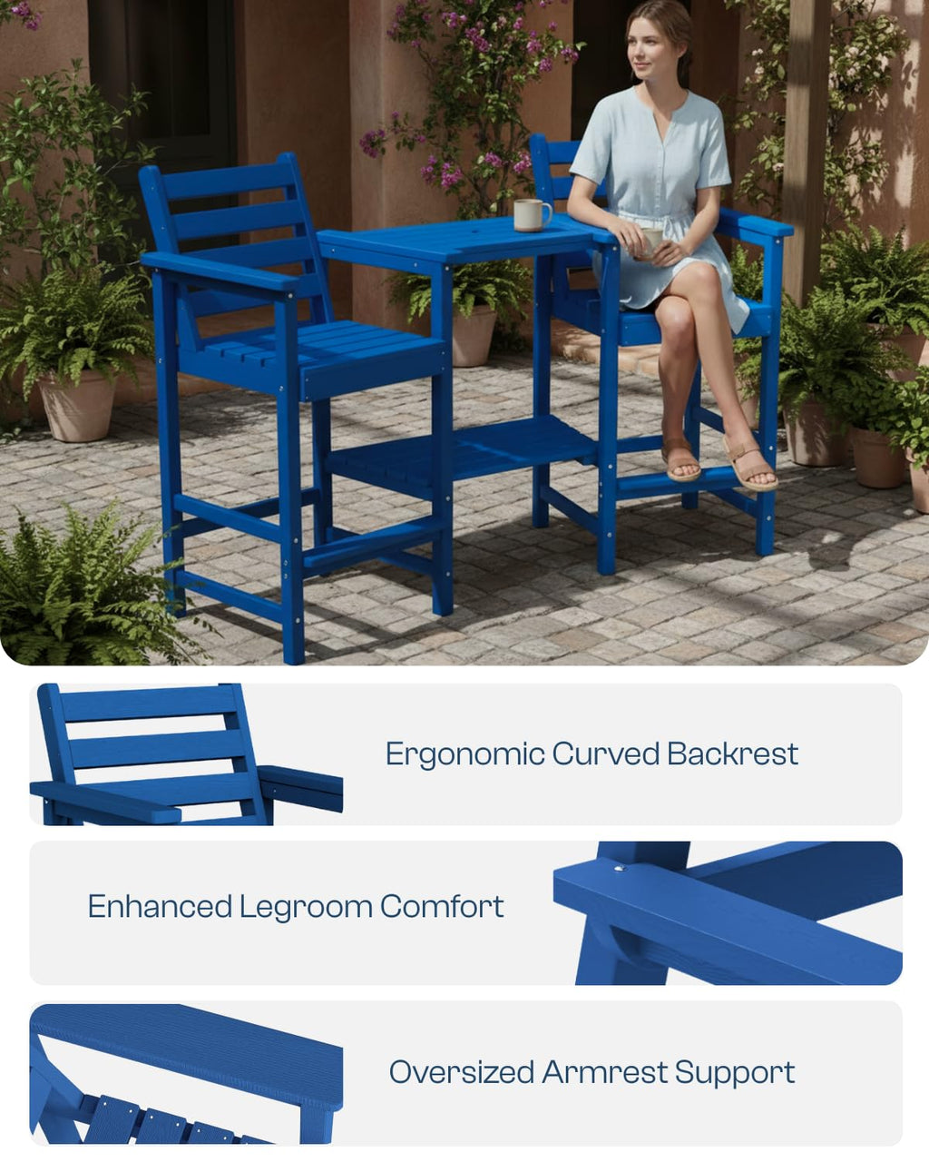 Tall Adirondack Chairs Set of 2, Bar Height HDPE Outdoor Chairs with Connecting Tray & Umbrella Hole, Navy Blue C718873
