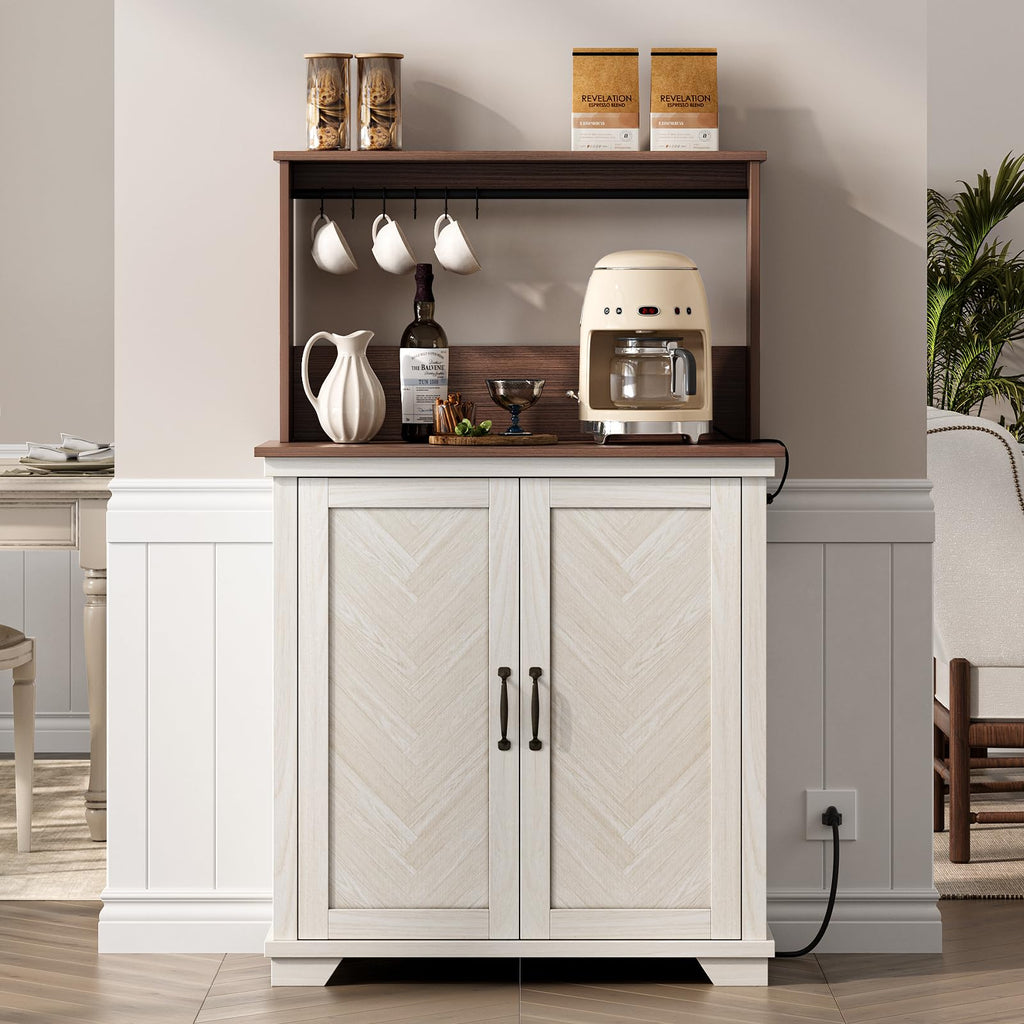 White Coffee Bar Cabinet with Storage and Charging M968