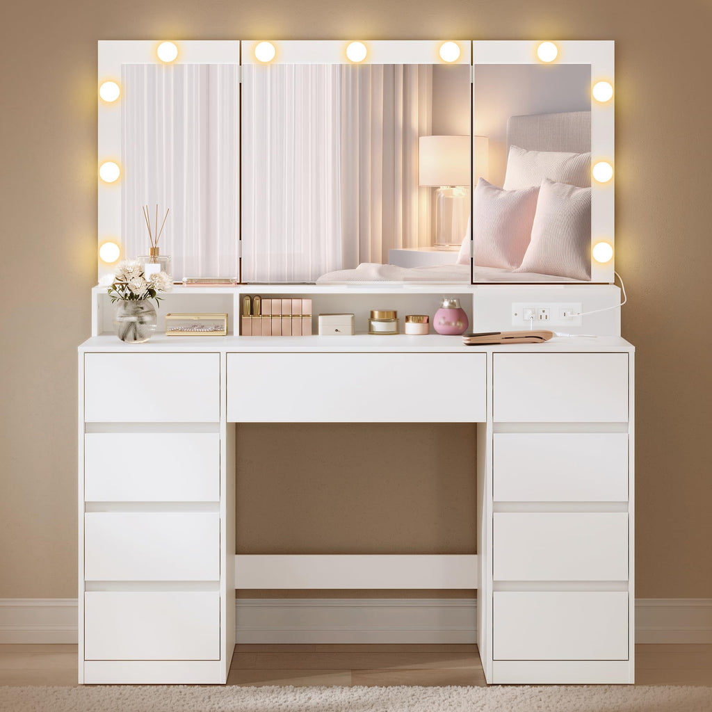 Vanity Desk with LED Lights and Tri-Fold Mirror, 9 Drawers Y728