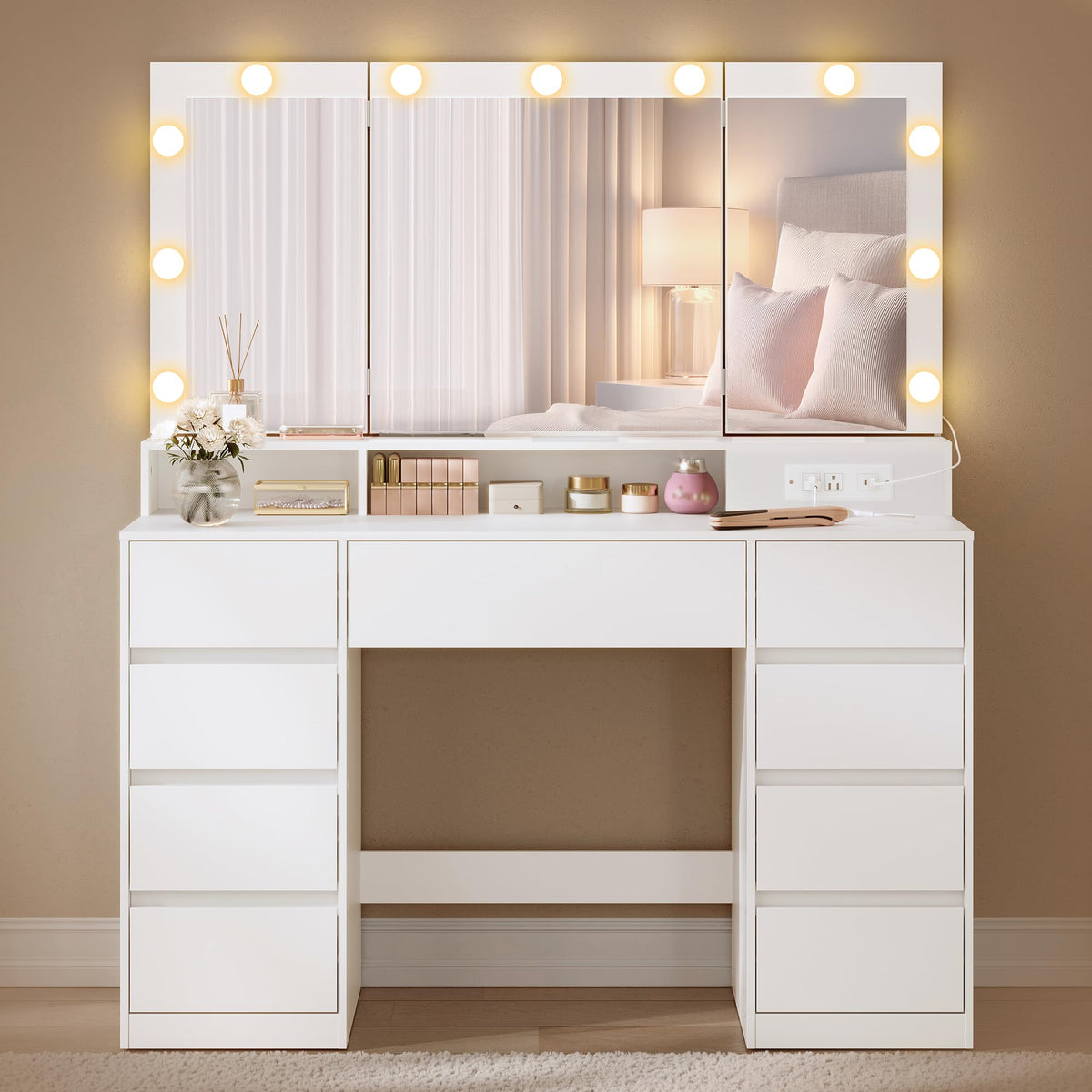 Vanity Desk with LED Lights and Tri-Fold Mirror, 9 Drawers Y728
