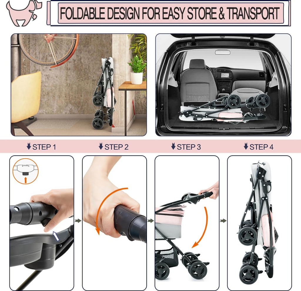 Pink Gray Pet Stroller with Detachable Carrier Y1884