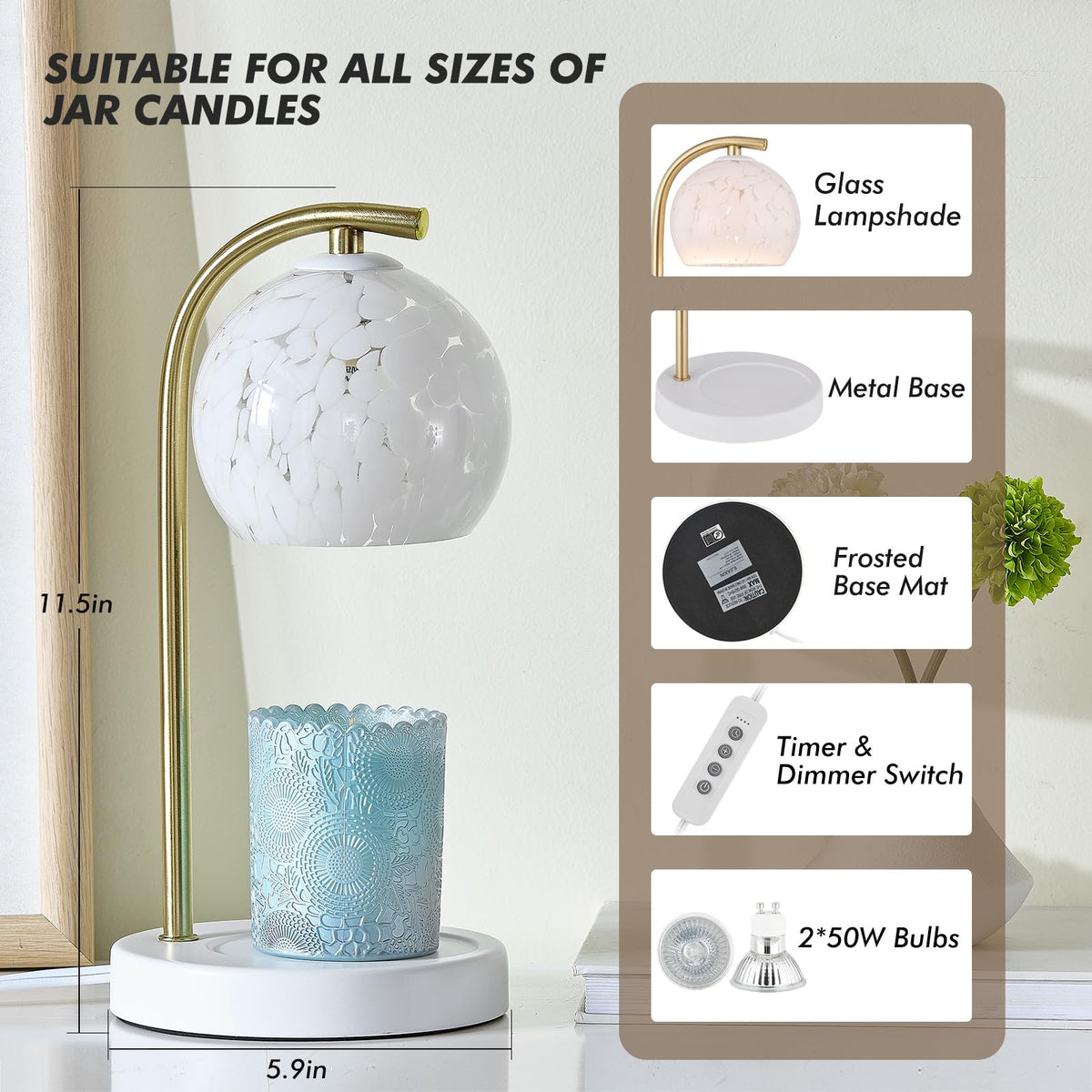 Dimmable Candle Warmer Lamp with Timer, 2 Bulbs, White F81246