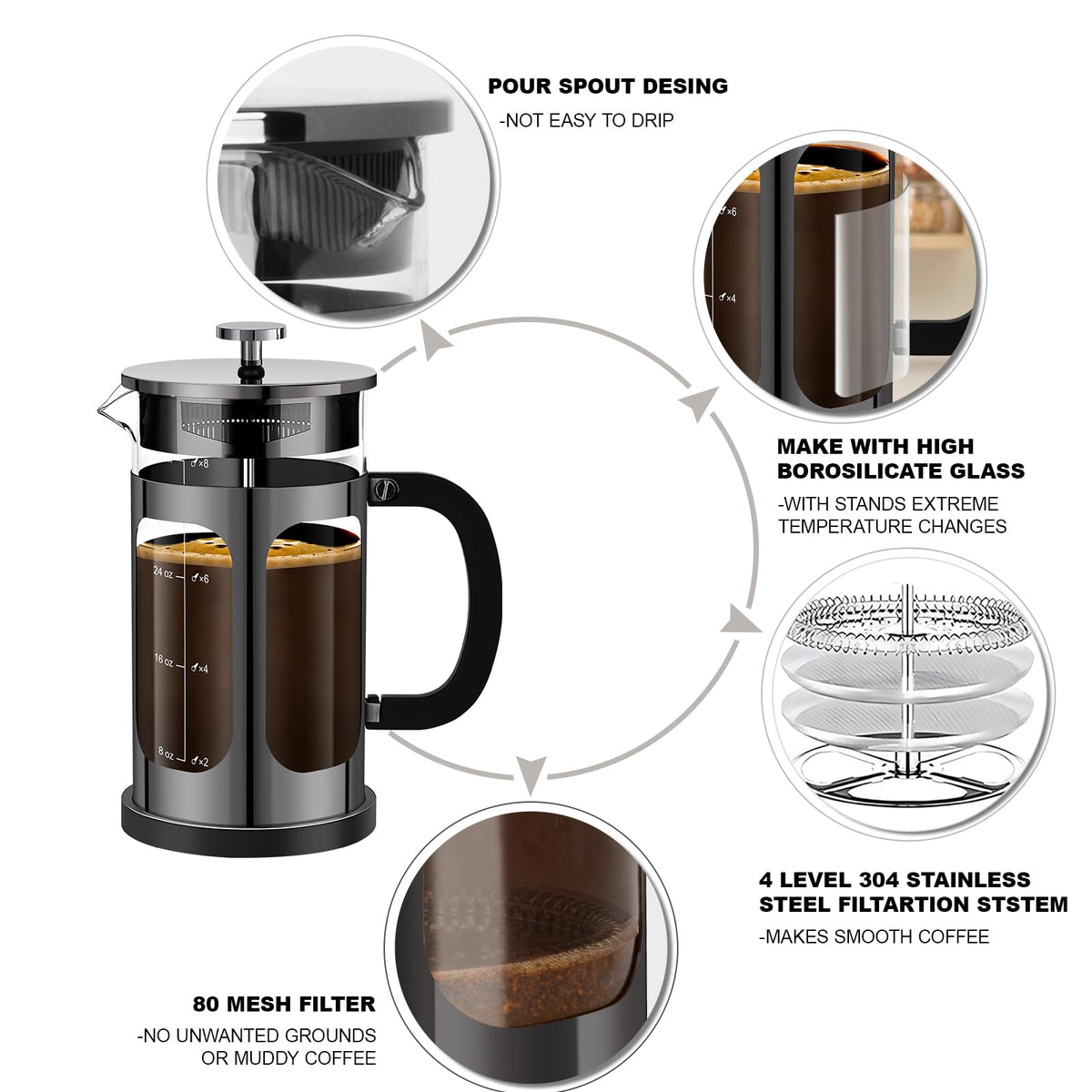 French Press Coffee Maker 34oz with 4 Filters Borosilicate Glass S747673