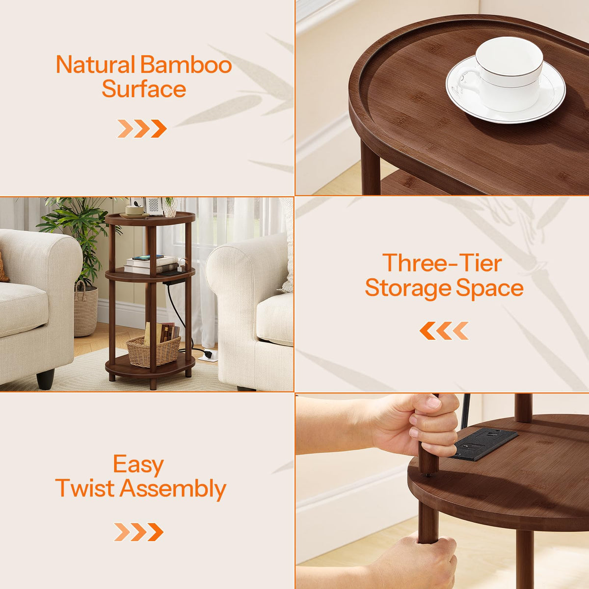 3-Tier Oval Bamboo Side Table with Charging Station Q17960