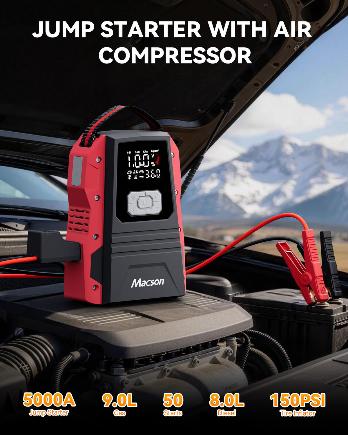 Portable 12V Jump Starter with Air Compressor and 150PSI Tire Inflator B434116