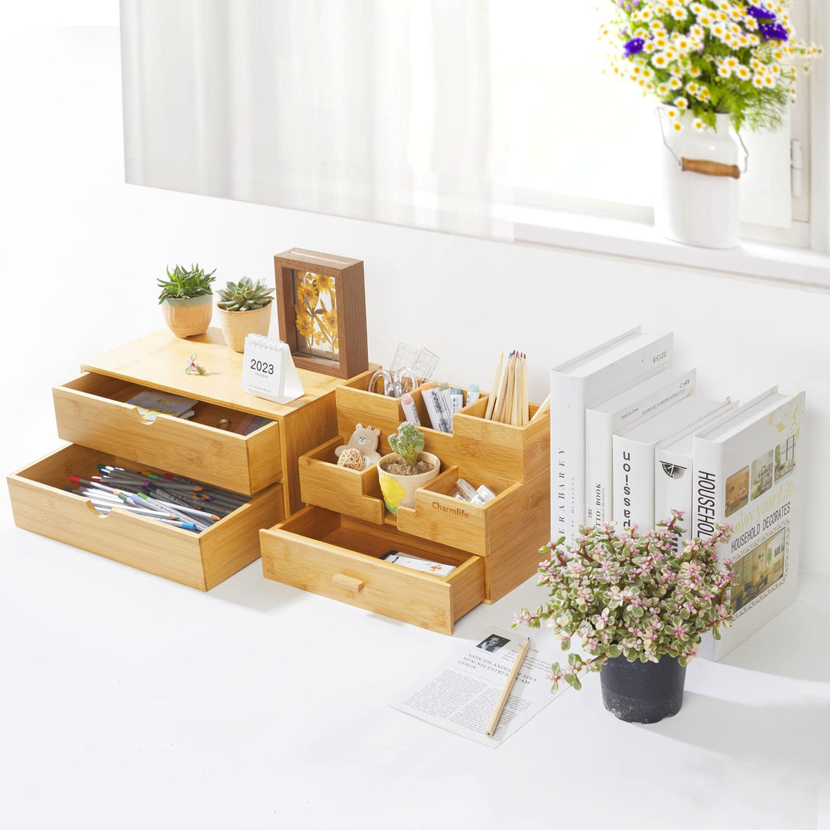 Bamboo Desk Organizer with Drawers K1311
