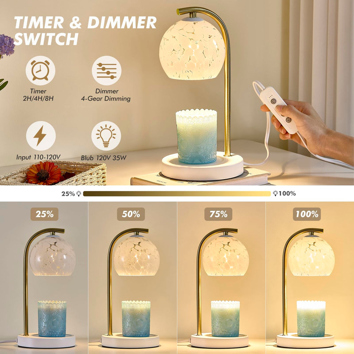 Dimmable Candle Warmer Lamp with Timer, 2 Bulbs, White F81246