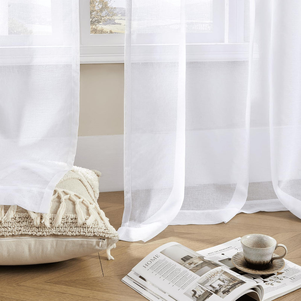 White 95 Inches Long Rod Pocket Sheer Curtains Set of 2 S375