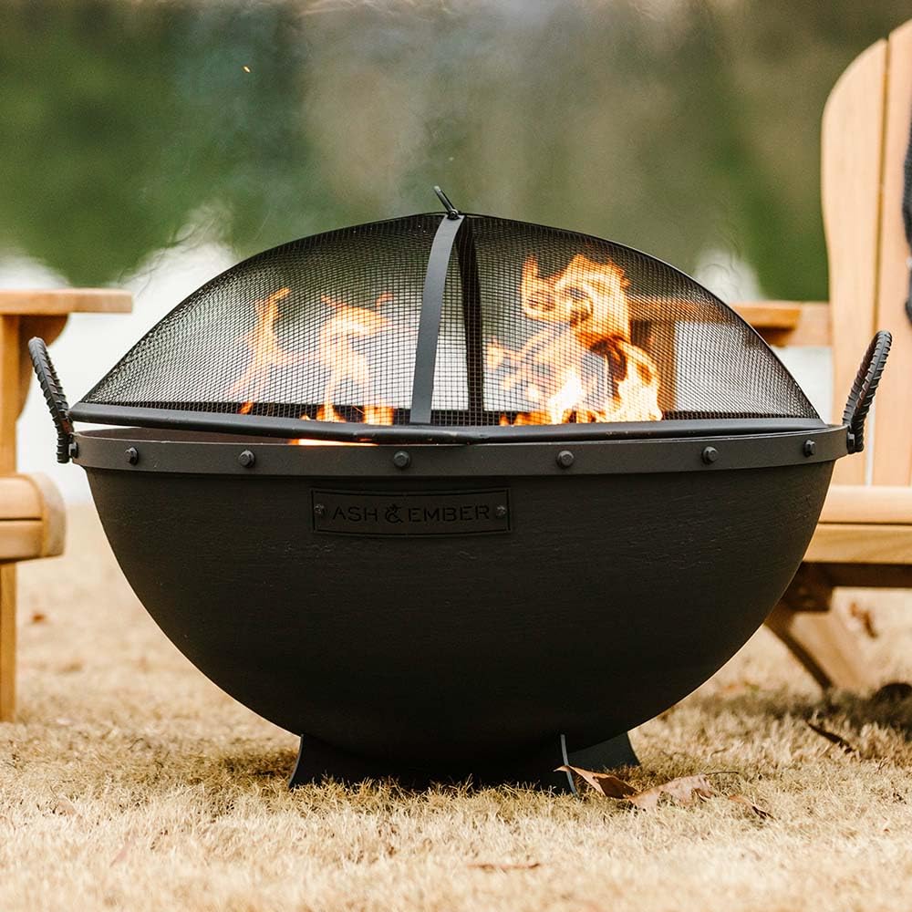 32in Cast Iron Wood Burning Fire Pit with Screen and Poker S340085