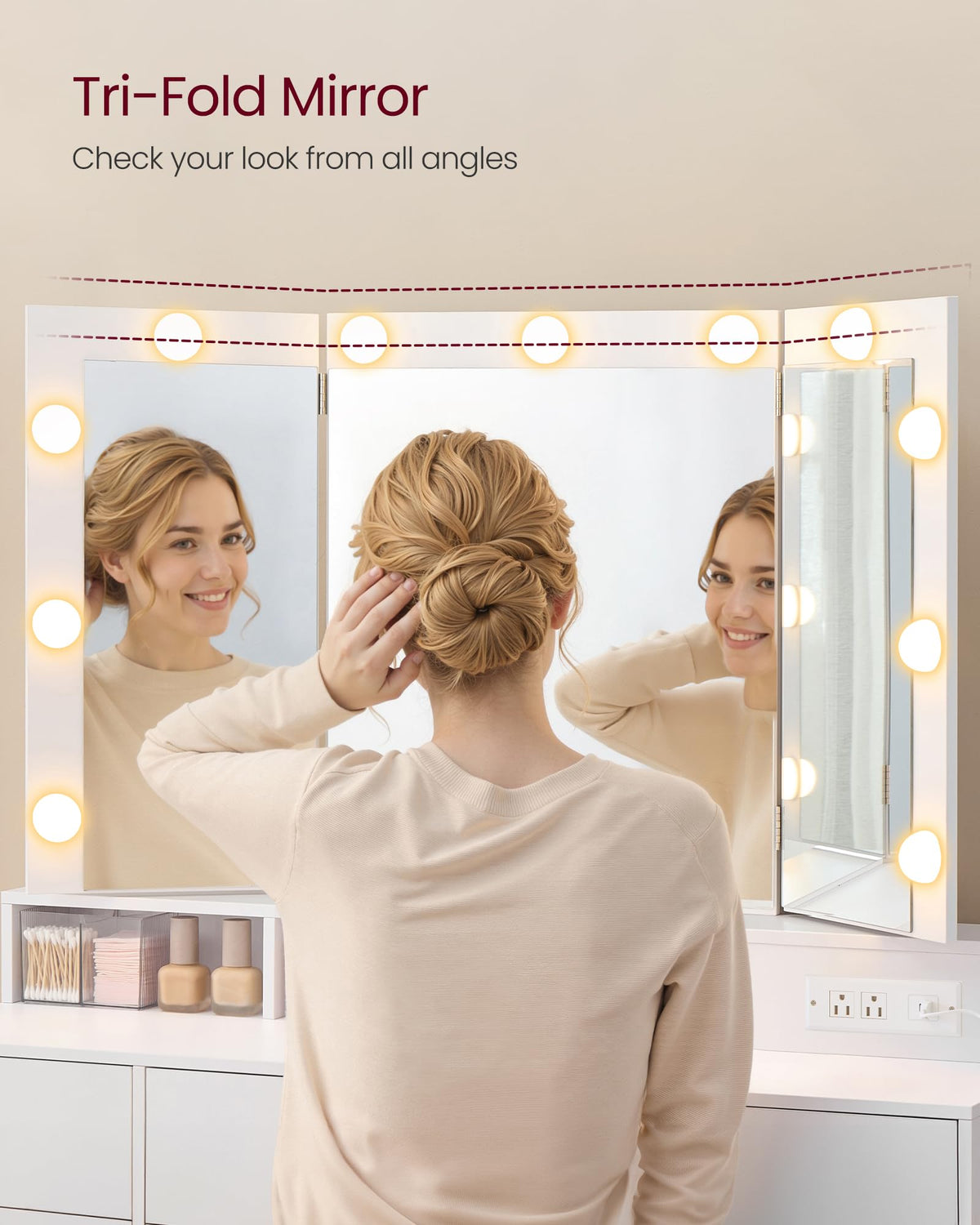 Vanity Desk with LED Lights and Tri-Fold Mirror, 9 Drawers Y728