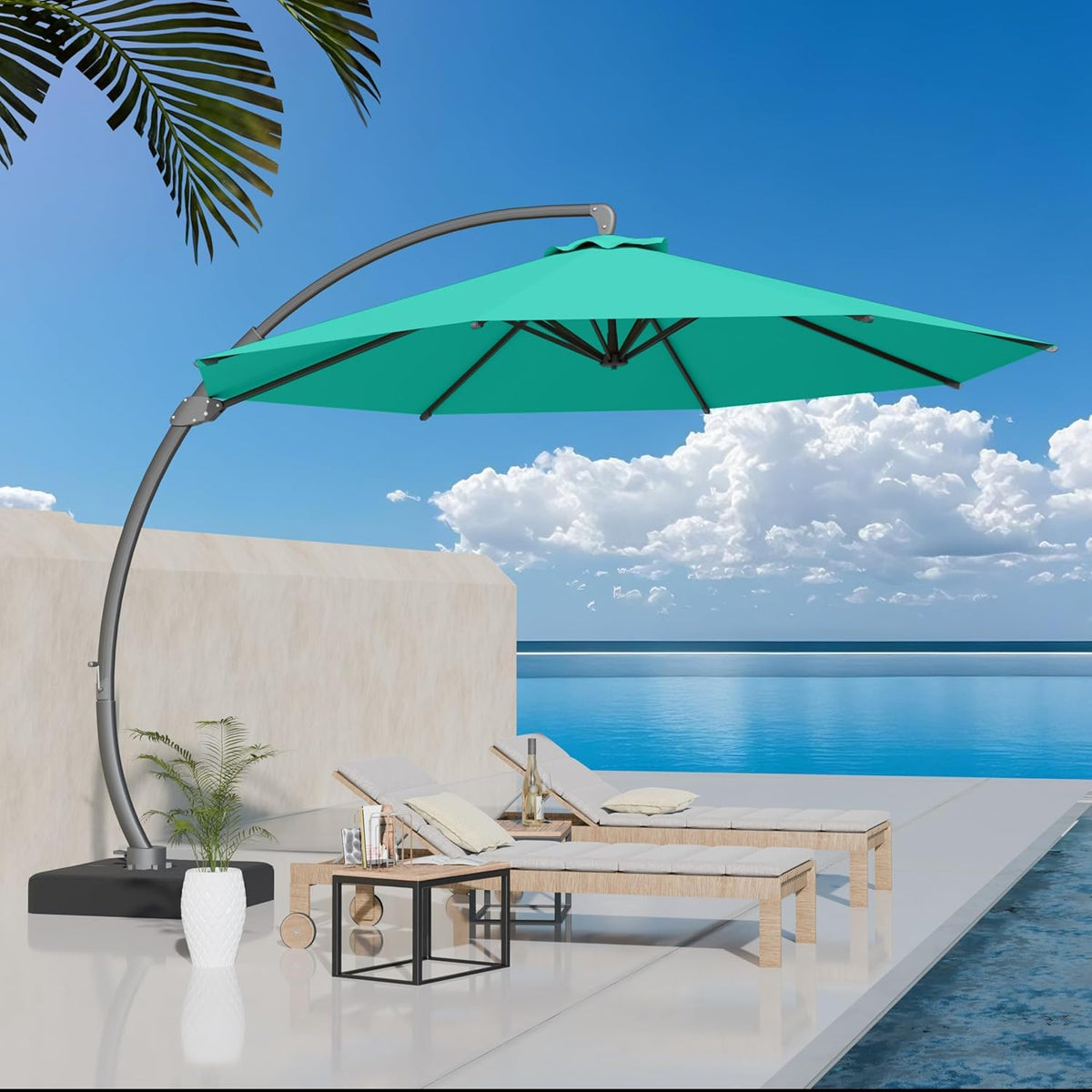 11ft Turquoise Blue Offset Cantilever Patio Umbrella with Base V59258