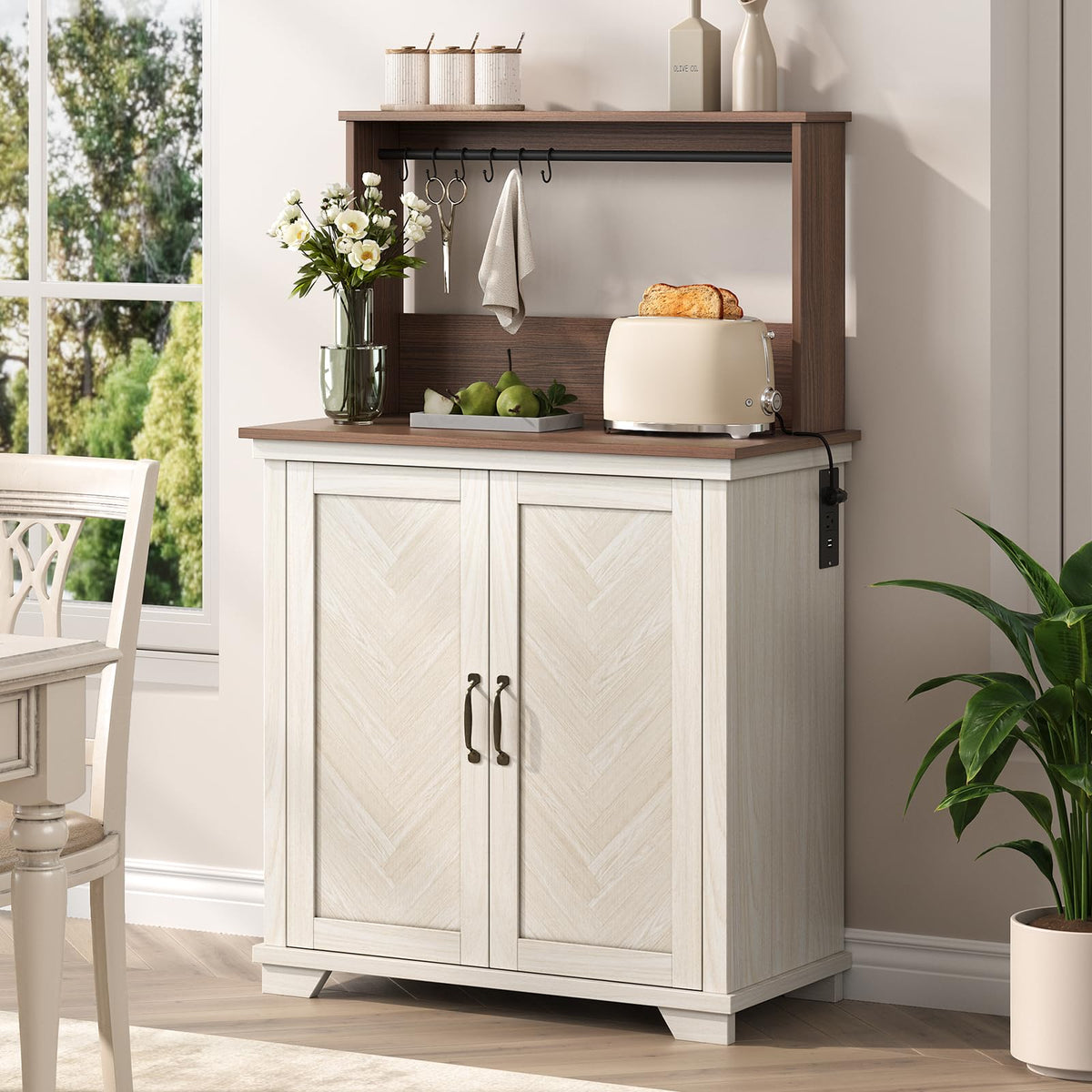 White Coffee Bar Cabinet with Storage and Charging M968