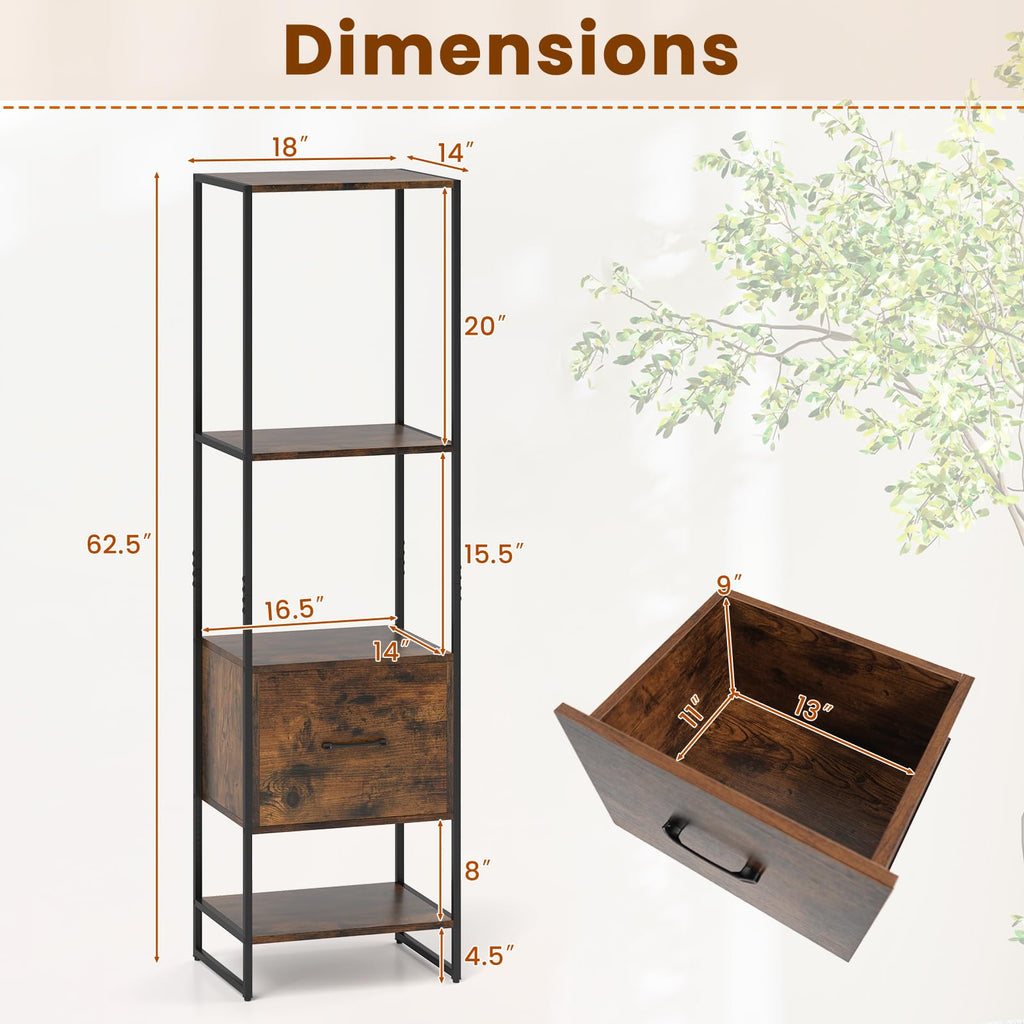 5-Tier Bookshelf with Drawer Narrow Bookcase D414