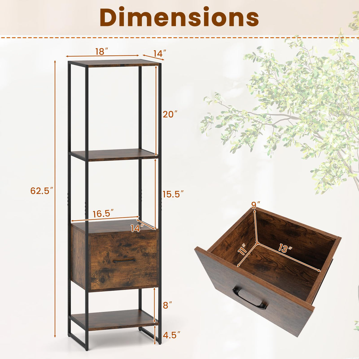5-Tier Bookshelf with Drawer Narrow Bookcase D414