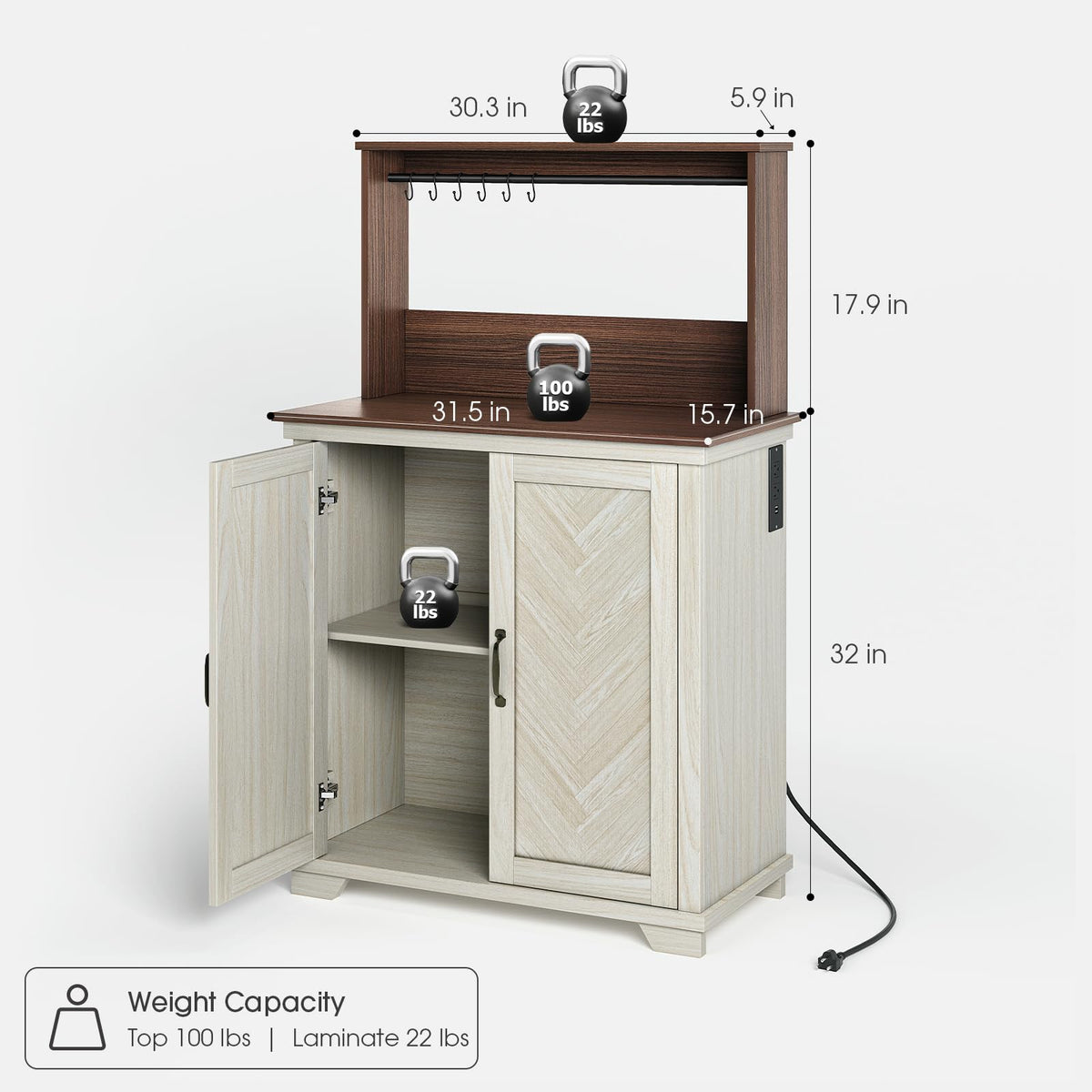 White Coffee Bar Cabinet with Storage and Charging M968