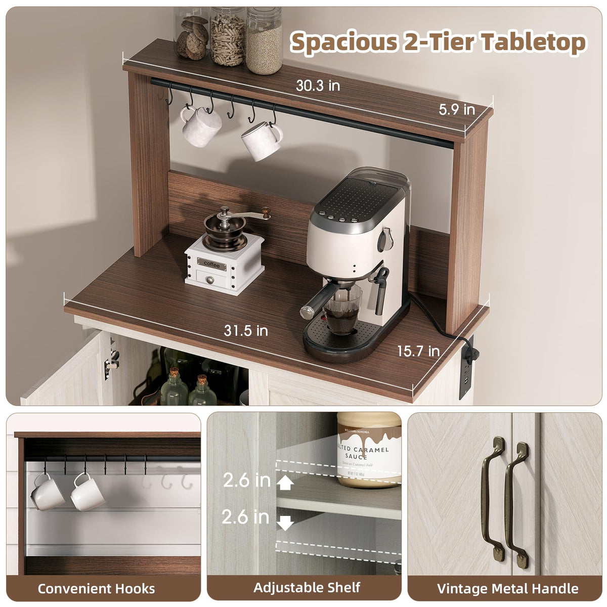 White Coffee Bar Cabinet with Storage and Charging M968