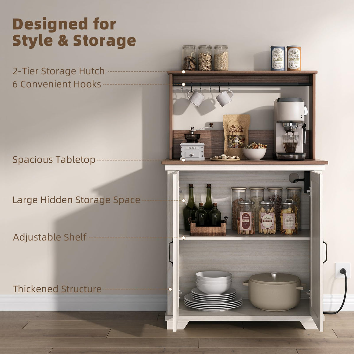 White Coffee Bar Cabinet with Storage and Charging M968