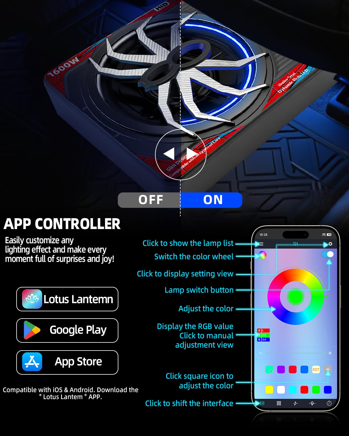 1600W Slim Underseat Car Subwoofer and Amp with RGB Light M56097