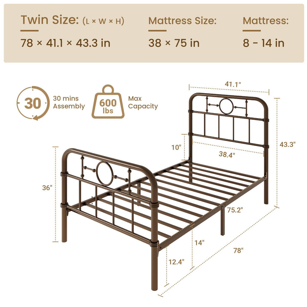 Twin Metal Platform Bed Frame with Vintage Headboard Y9480
