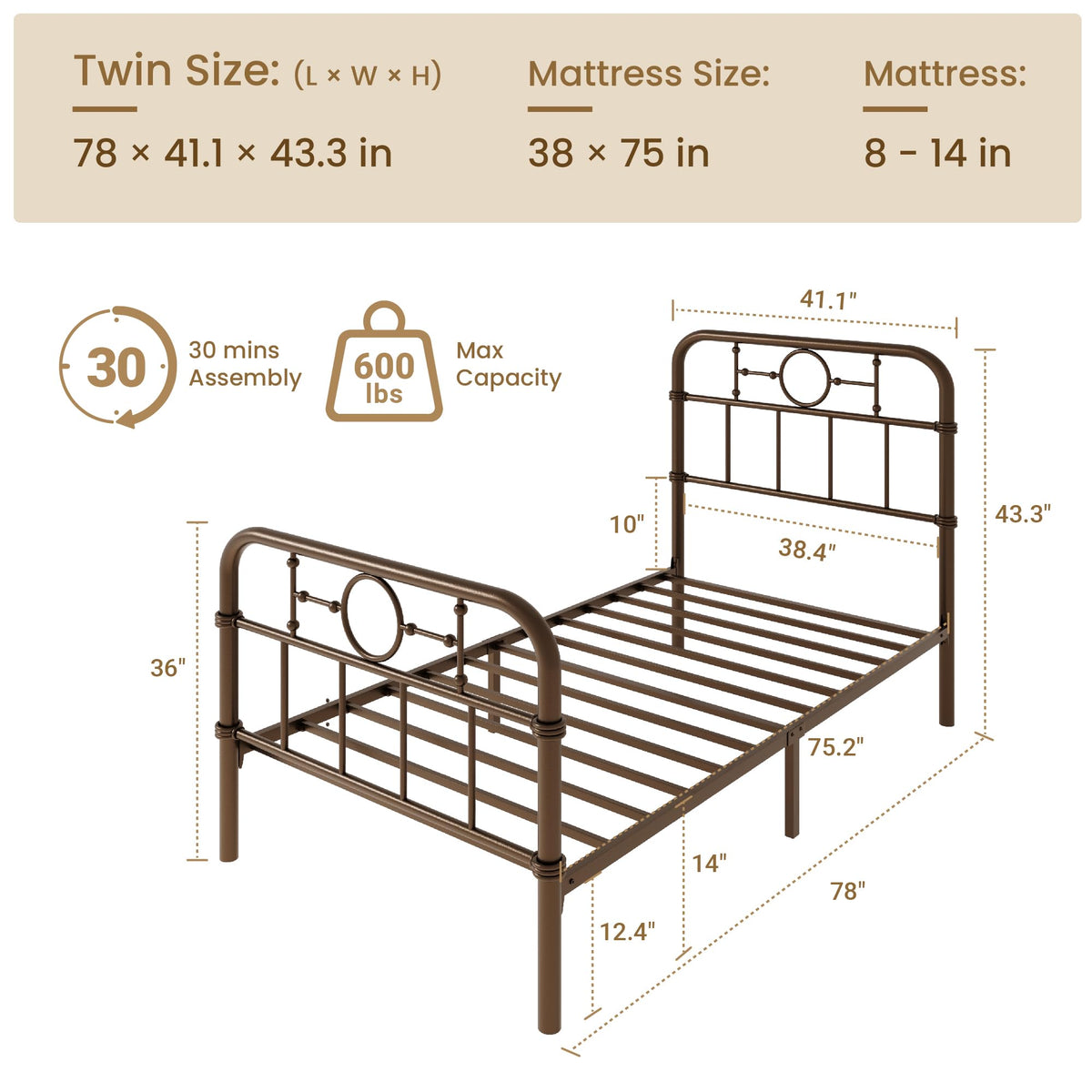 Twin Metal Platform Bed Frame with Vintage Headboard Y9480