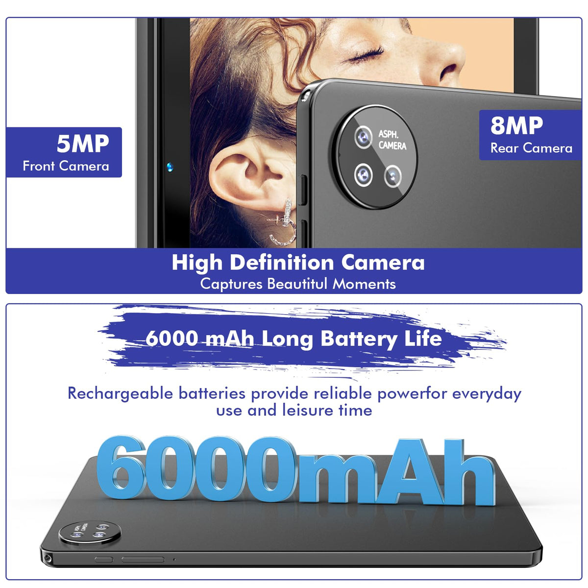 10.1 Inch Android 15 Tablet, 24GB RAM 128GB ROM, 1280 x 800 HD Display, 6000mAh Battery, 5MP+8MP Camera (Black) K755667