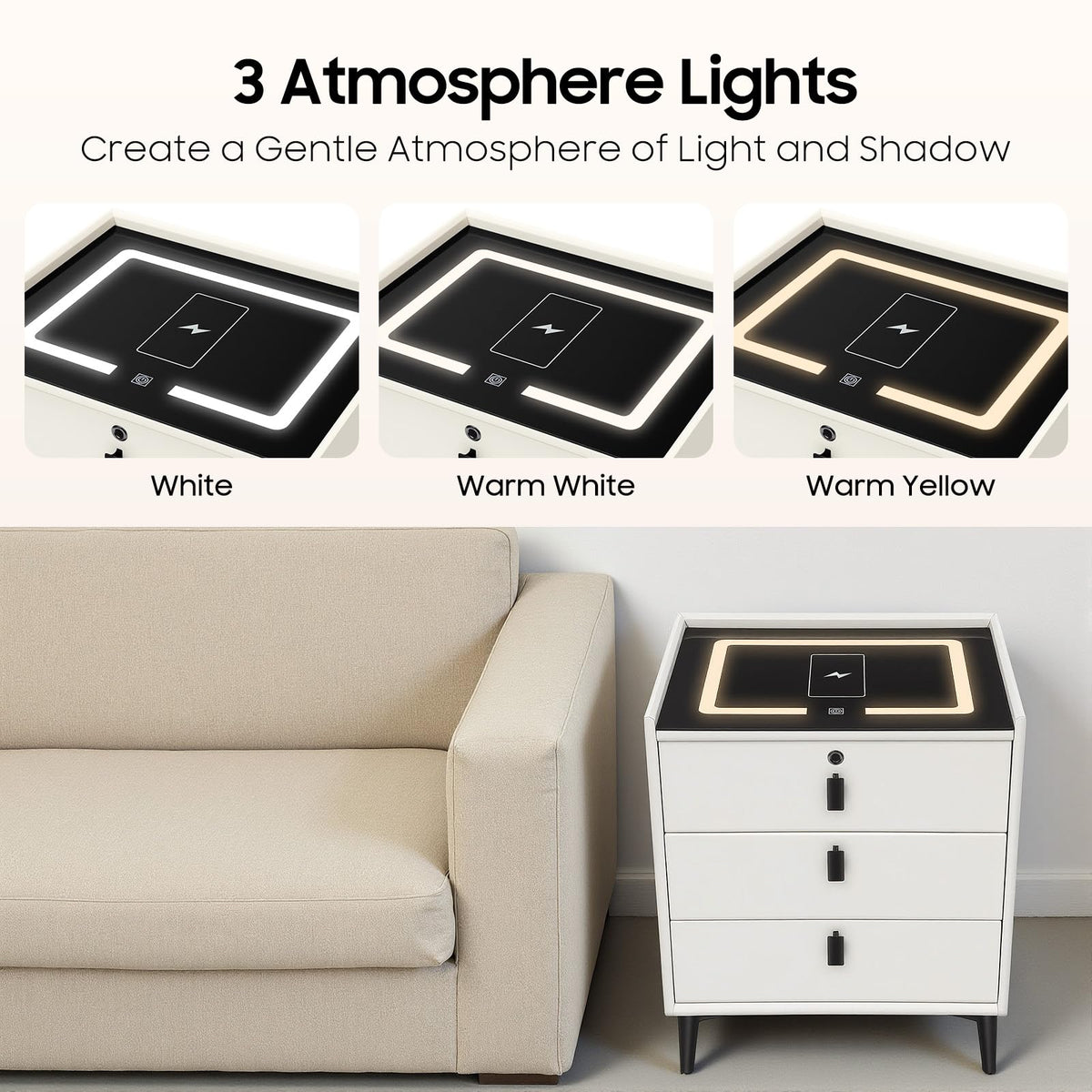 Beige White 3 Drawer Nightstand with Wireless Charging Y953727