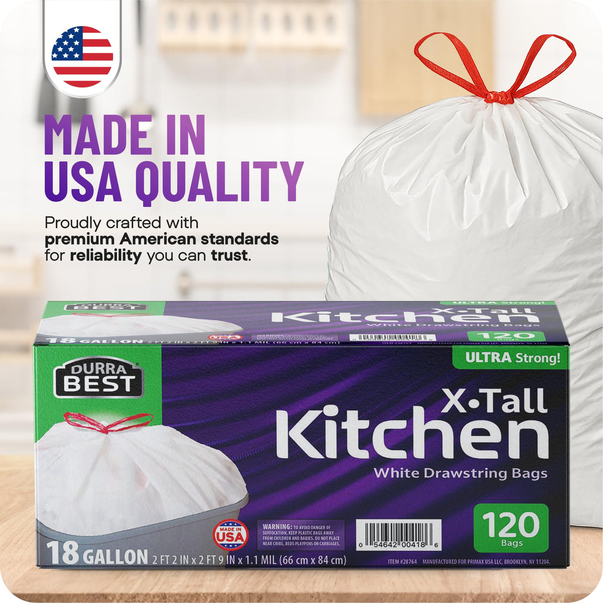 120 Count 18 Gallon White Heavy-Duty Drawstring Trash Bags M5842