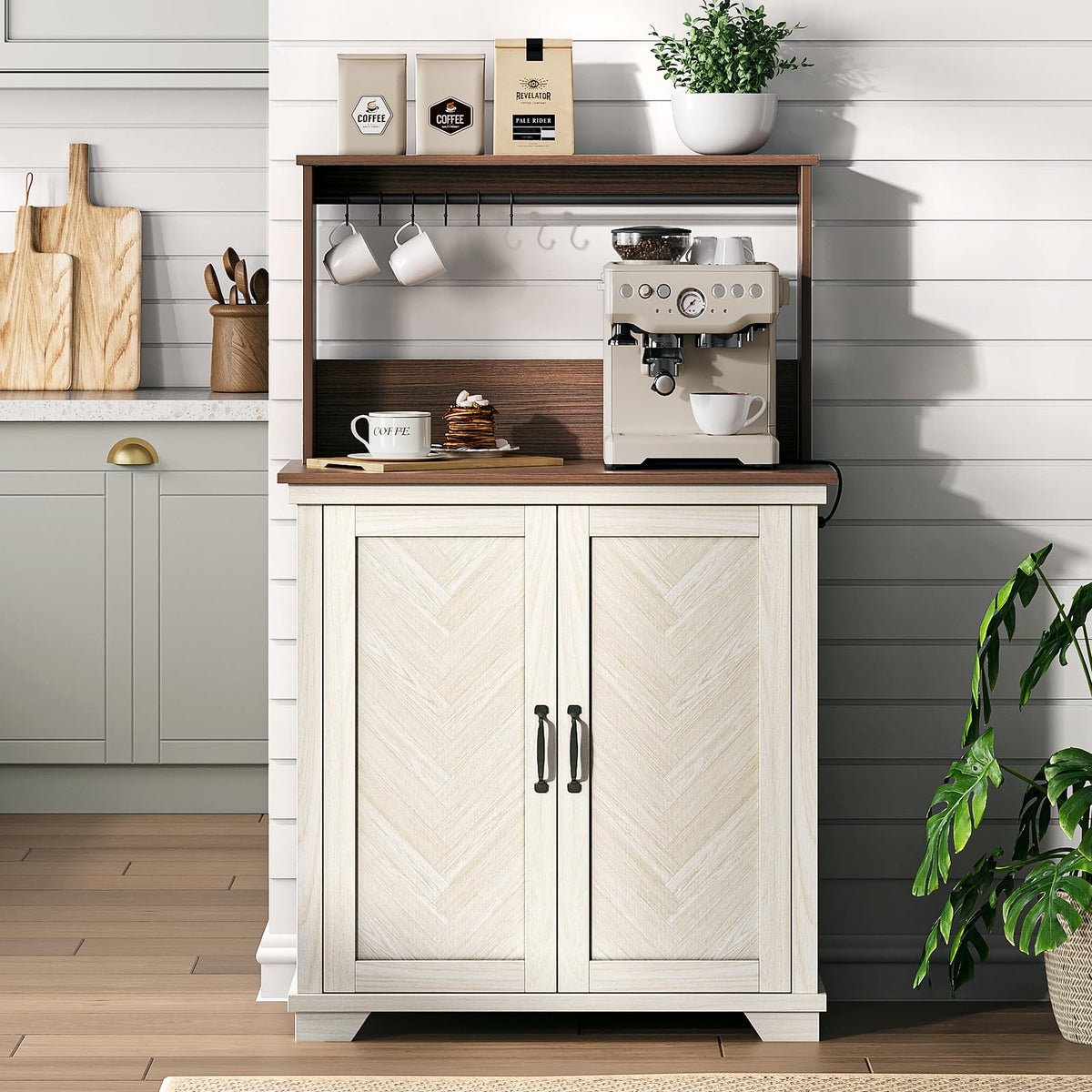 White Coffee Bar Cabinet with Storage and Charging M968