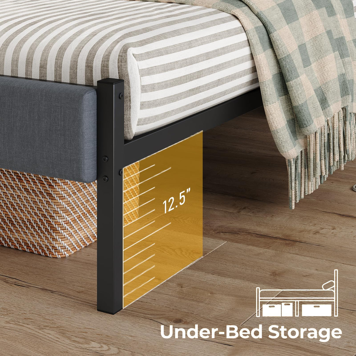 Twin Bed Frame with Charging Station, LED Lights, Grey Upholstered Headboard, Under Bed Storage W2588
