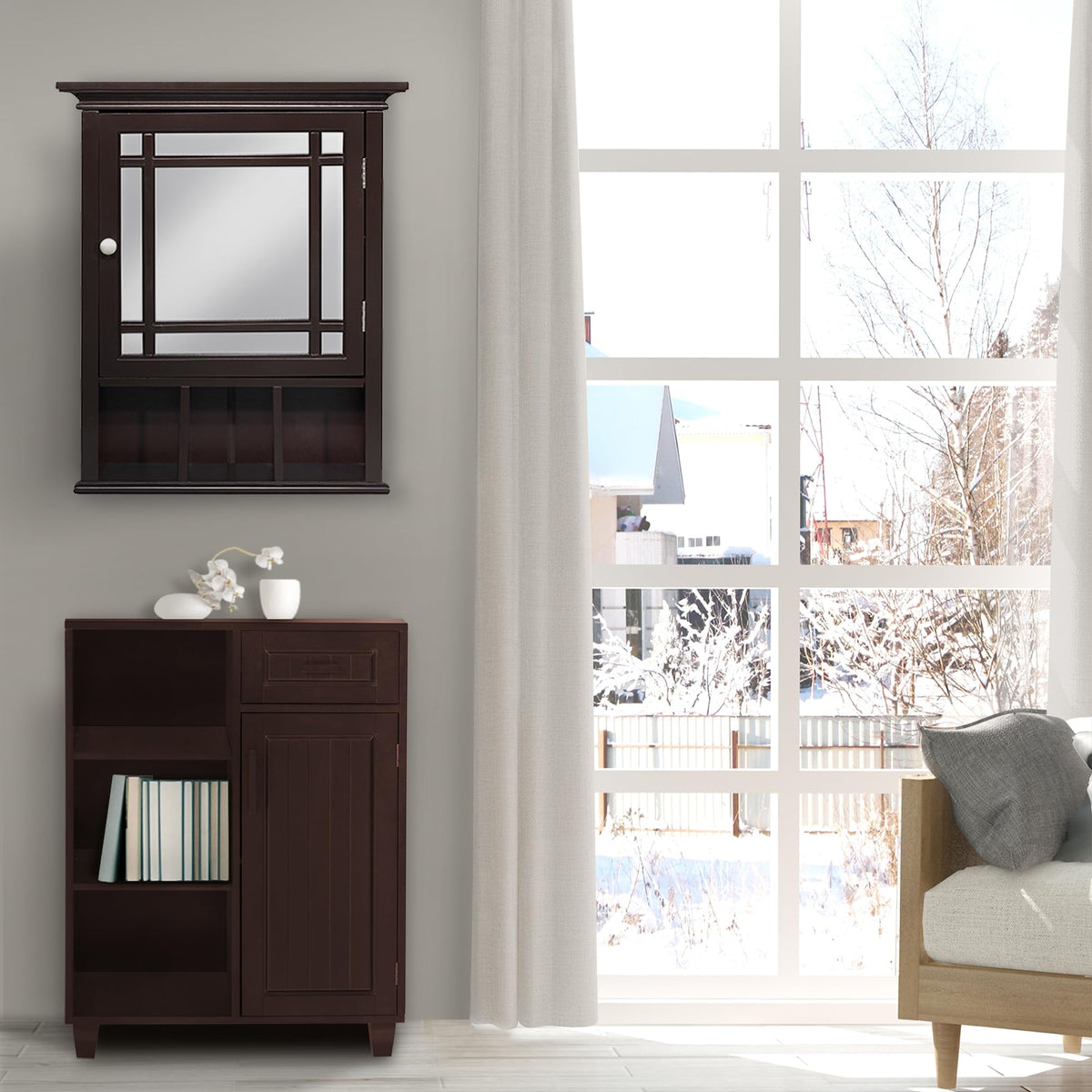 Espresso Wooden Over the Toilet Bathroom Medicine Cabinet with Mirror M429