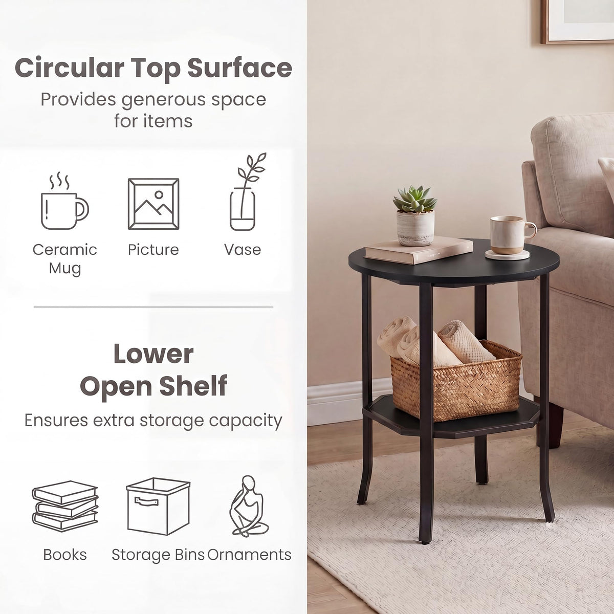 2-Tier Round Side End Table with Storage Shelf Y6960