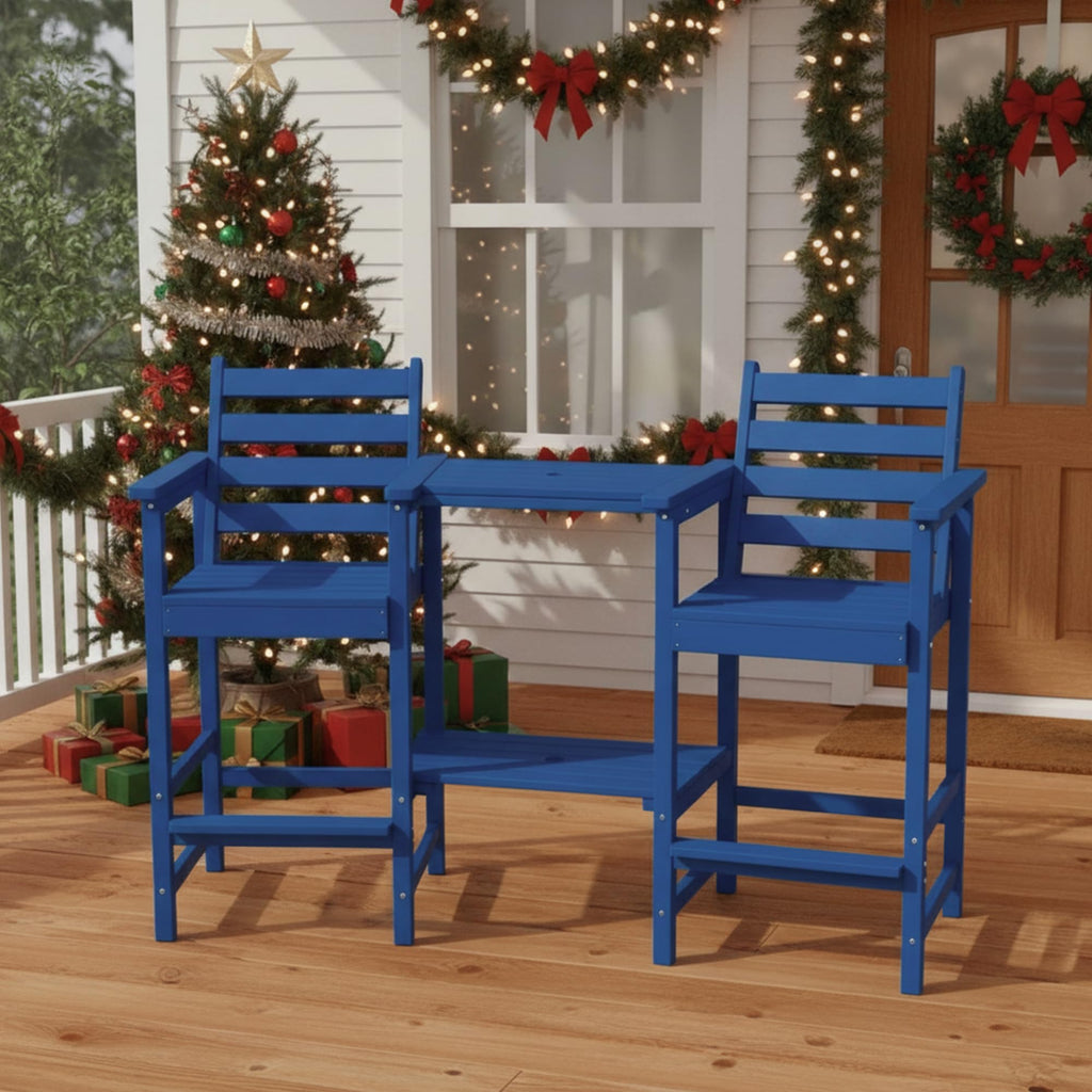 Tall Adirondack Chairs Set of 2, Bar Height HDPE Outdoor Chairs with Connecting Tray & Umbrella Hole, Navy Blue C718873