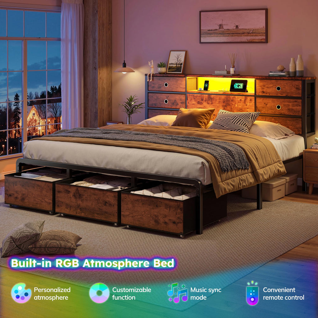 King Size Bed Frame with 9 Drawers and Charging Station T17737