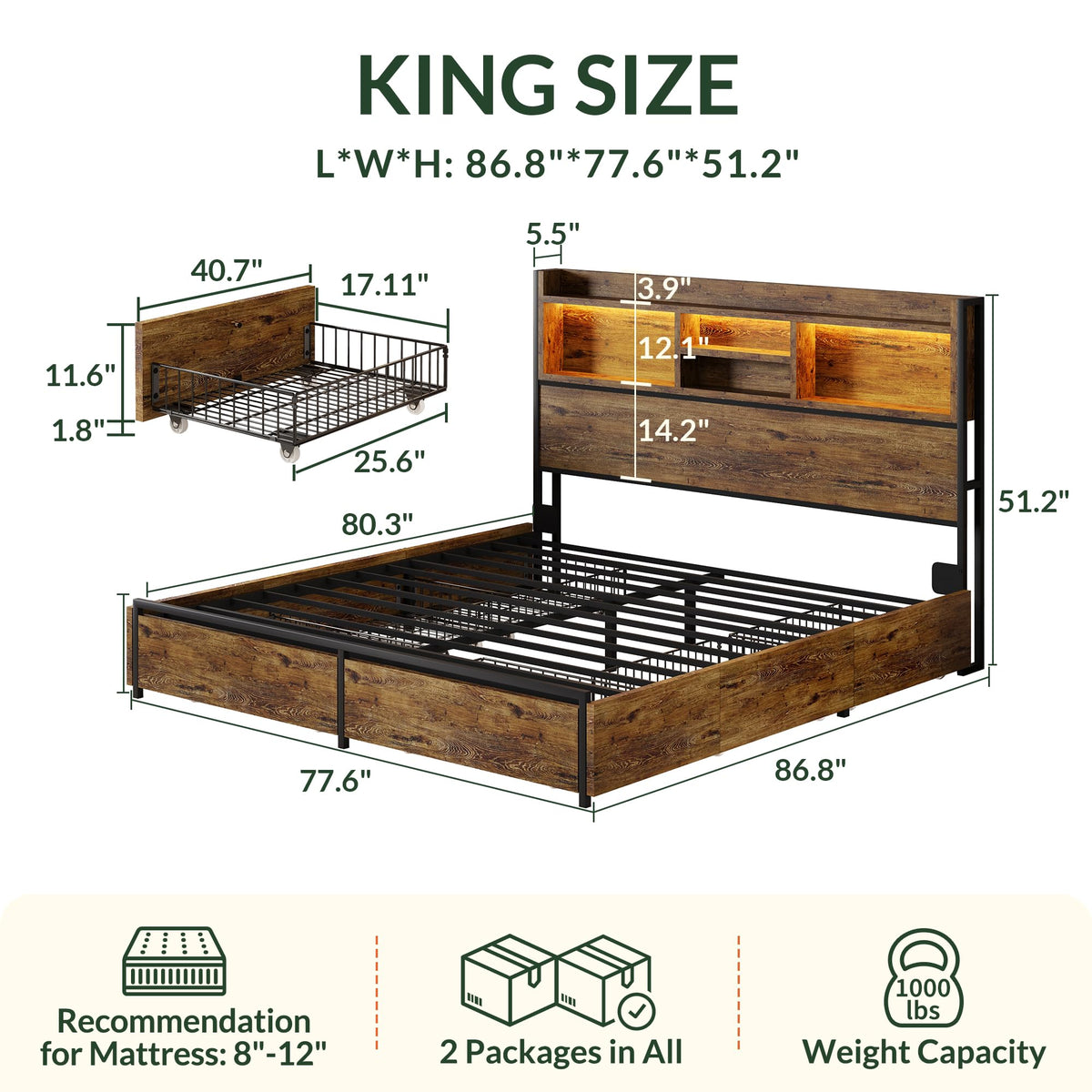 King Size Wooden Platform Bed Frame with 6 Storage Drawers and Headboard B500511
