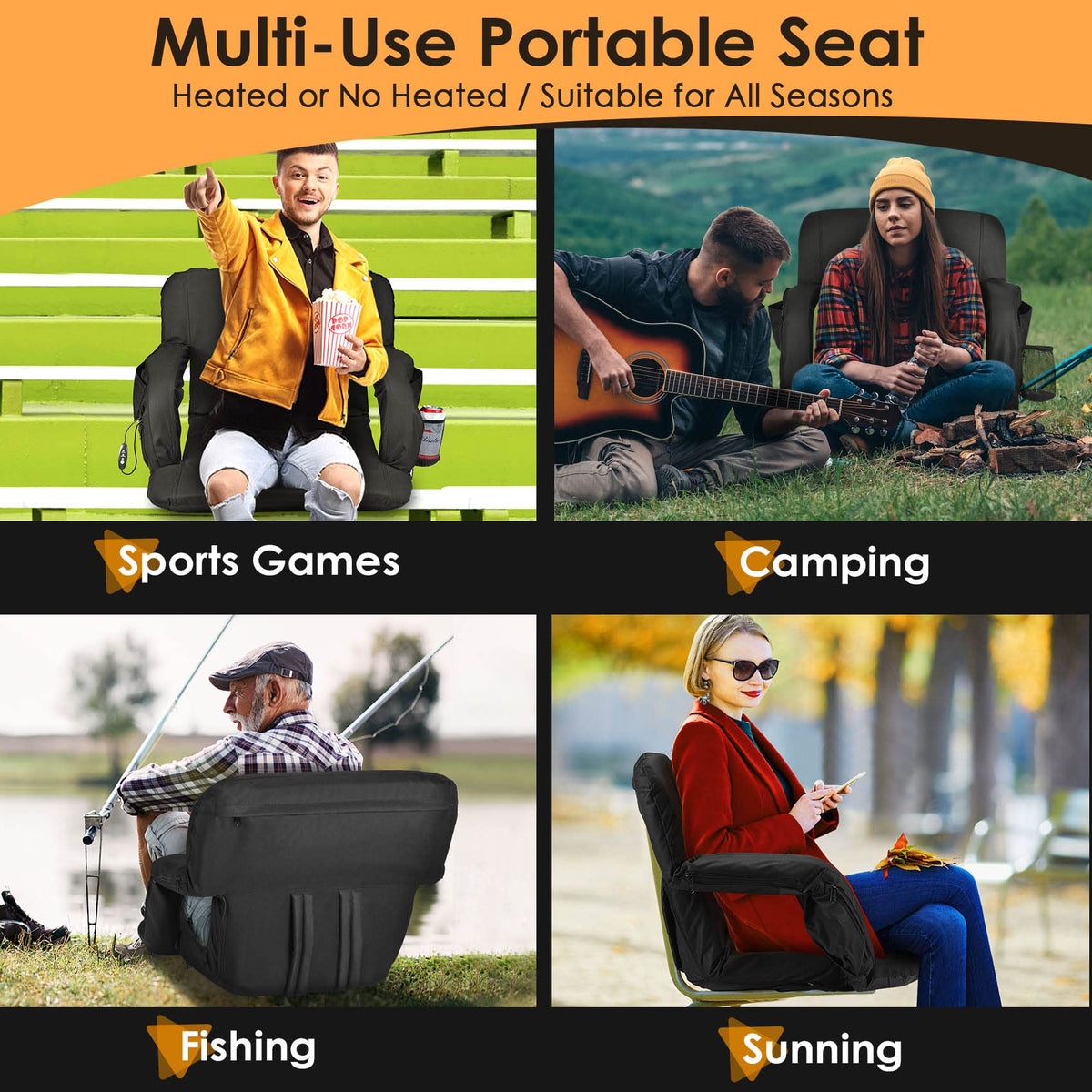 Heated Stadium Seats for Bleachers with Back Support, Black Y452672