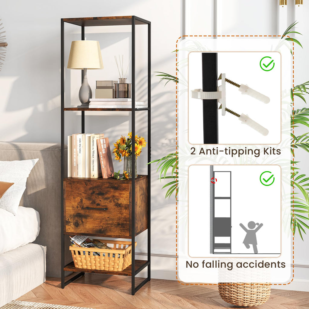 5-Tier Bookshelf with Drawer Narrow Bookcase D414