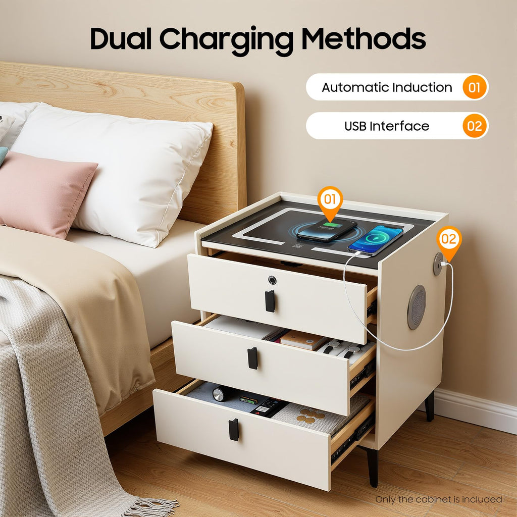 Beige White 3 Drawer Nightstand with Wireless Charging Y953727